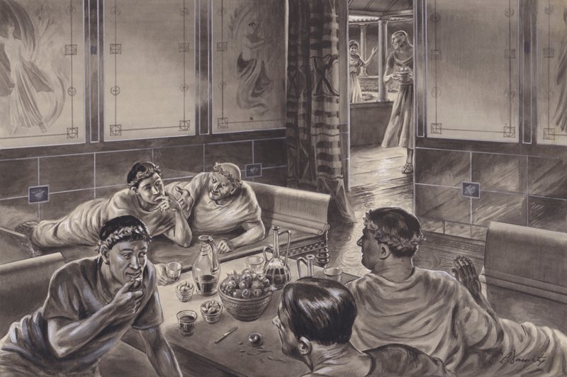 Angloromaner äter i triclinium (gouache på papper) av C.L. Doughty