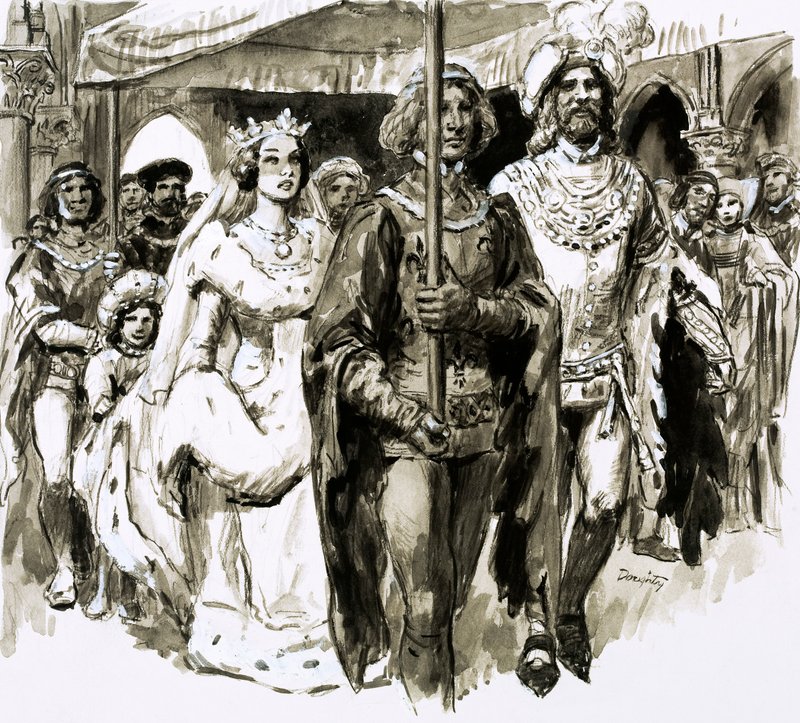 Vid 13 års ålder gifte sig den vackra Isabella och blev drottning av England (gouache på papper) av C.L. Doughty
