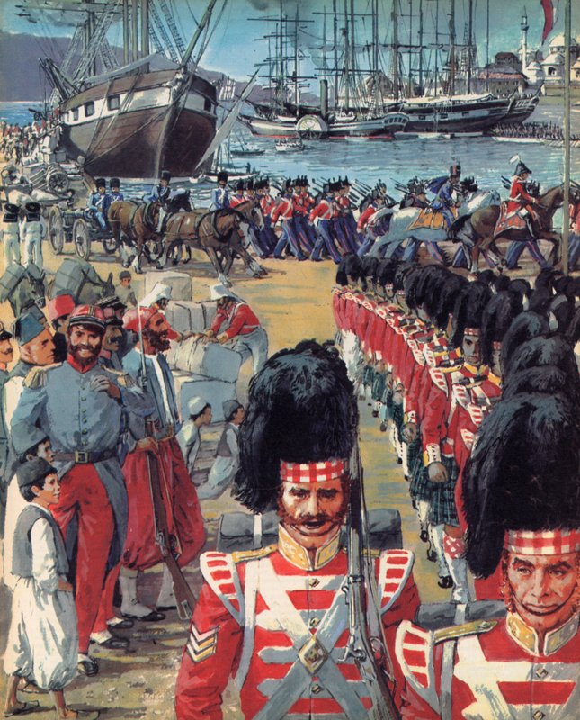 Brittiska trupper anländer till Malta på väg till Krim (färglitografi) av C.L. Doughty