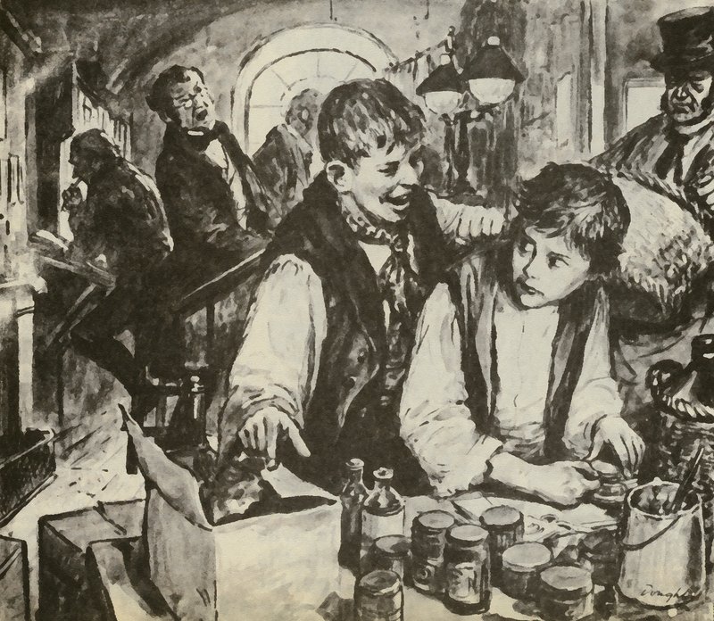 Charles Dickens som pojke i svärtningsfabriken (litografi) av C.L. Doughty