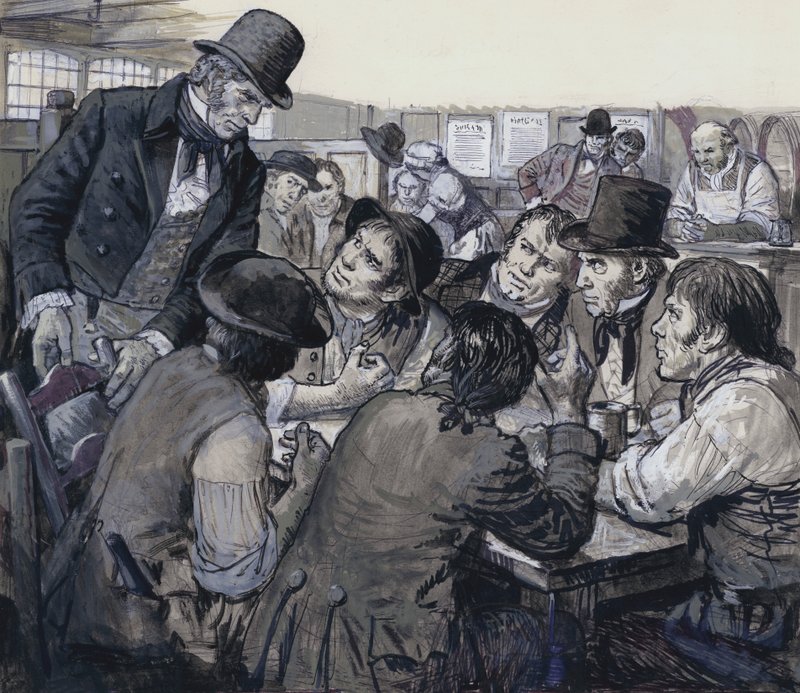 Överste Despard rekryterar politiska missnöjesyttringar i Londons undre värld (gouache på papper) av C.L. Doughty