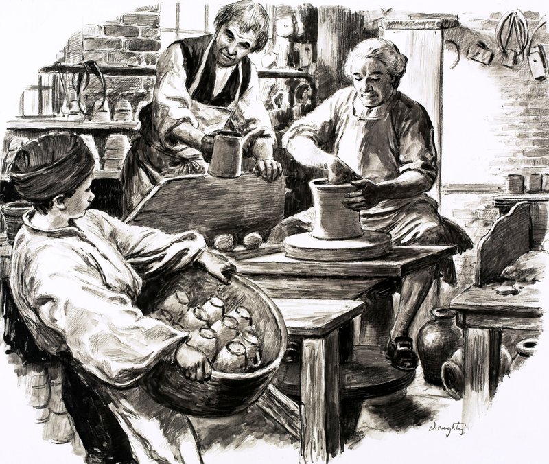 Josiah Wedgwood gick i lära i familjens krukmakeri (gouache på papper) av C.L. Doughty