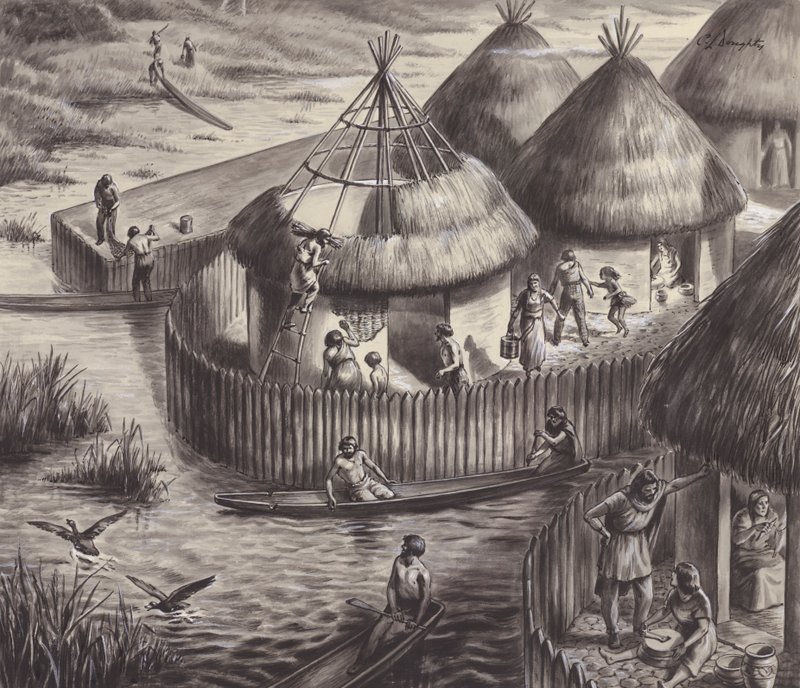 Lake dwellers at Glastonbury (gouache på papper) av C.L. Doughty