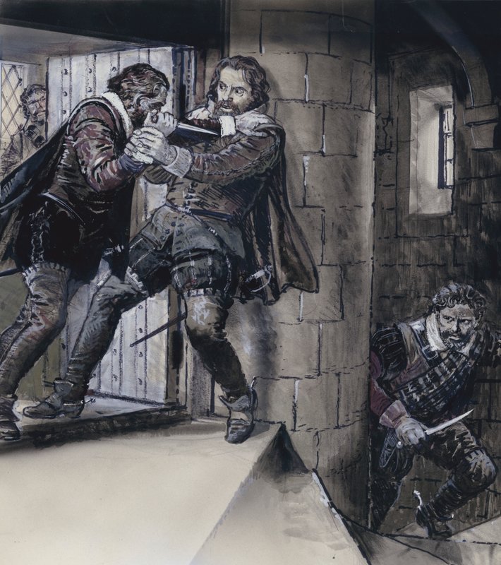 Lord Gowrie ritar en dolk på kung James VI av Skottland (gouache på papper) av C.L. Doughty