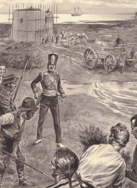 Martellotorn under uppförande inför Napoleons invasion av England (gouache på papper) av C.L. Doughty