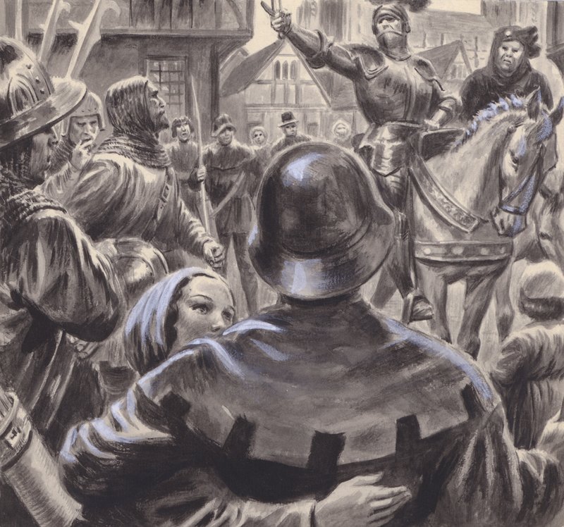 Bråkande adelsmän rekryterade arméer bland de arbetslösa före detta soldater som strömmade in i England efter att hundraårskriget tog slut 1453 (gouache på papper) av C.L. Doughty