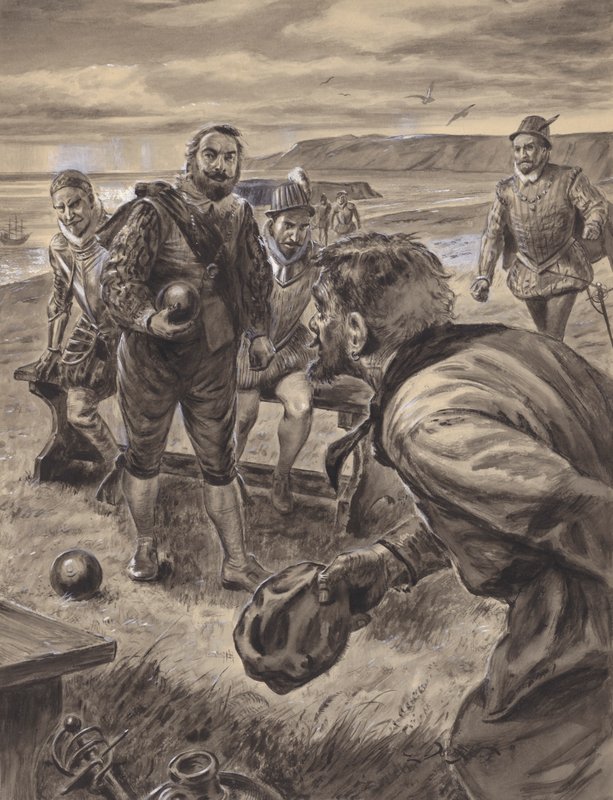Sir Francis Drake spelar boule och tar emot nyheter om den spanska armadan (gouache på papper) av C.L. Doughty