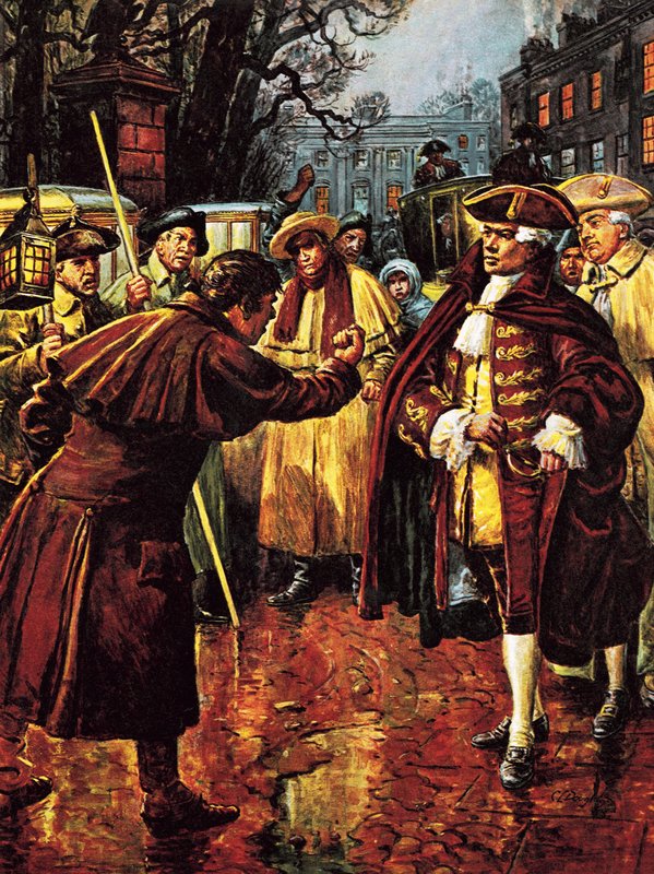 The Four Peers -- Earl of Bute under press avgår från parlamentets kammare av C.L. Doughty