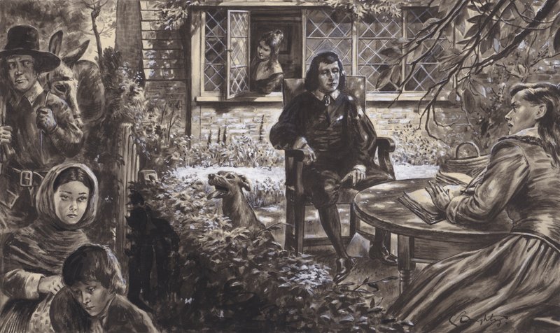 Poeten John Milton i sin trädgård, med sina döttrar (gouache på papper) av C.L. Doughty
