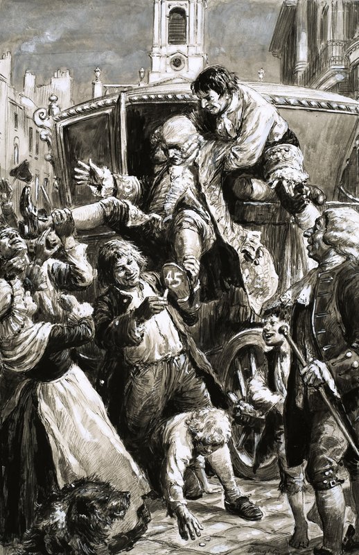 Oidentifierad scen (1600/1800-tal) av man som bärs från en vagn av C.L. Doughty