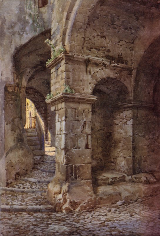 Medeltida fästning, Terracina (färg litho) av C.T.G. Formili
