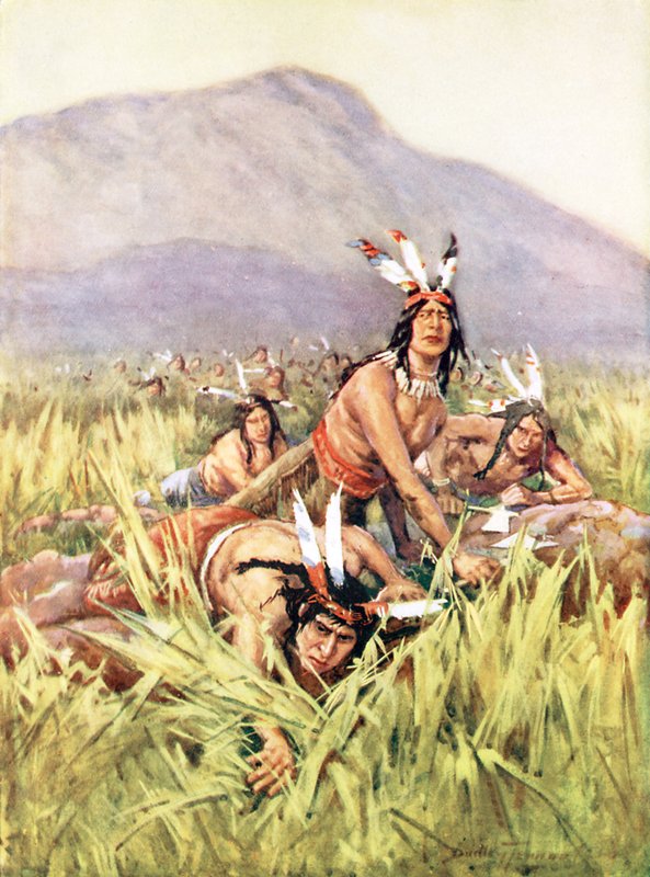 Amerikanska indianer på väg att göra en attack (färg litho) av C. Dudley Tennant