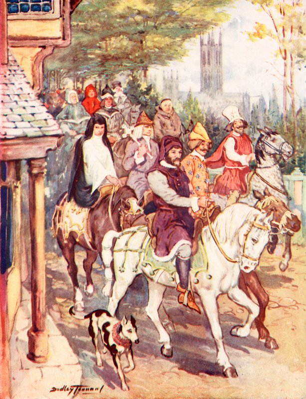 Chaucer rider till Canterbury med pilgrimerna (färg litho) av C. Dudley Tennant