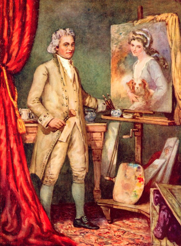 George Romney målar en bild av Lady Hamilton (litho i färg) av C. Dudley Tennant
