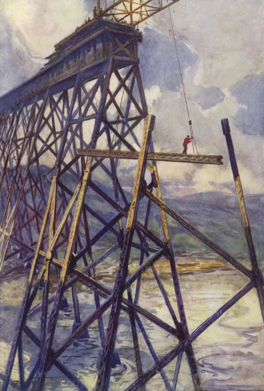 Ställning av stålet i Battle River Viaduct på Grand Trunk Pacific Railway, Kanada (färg litho) av C. Dudley Tennant