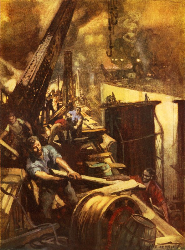 Skapandet av Panamakanalen (färg litho) av C. Dudley Tennant
