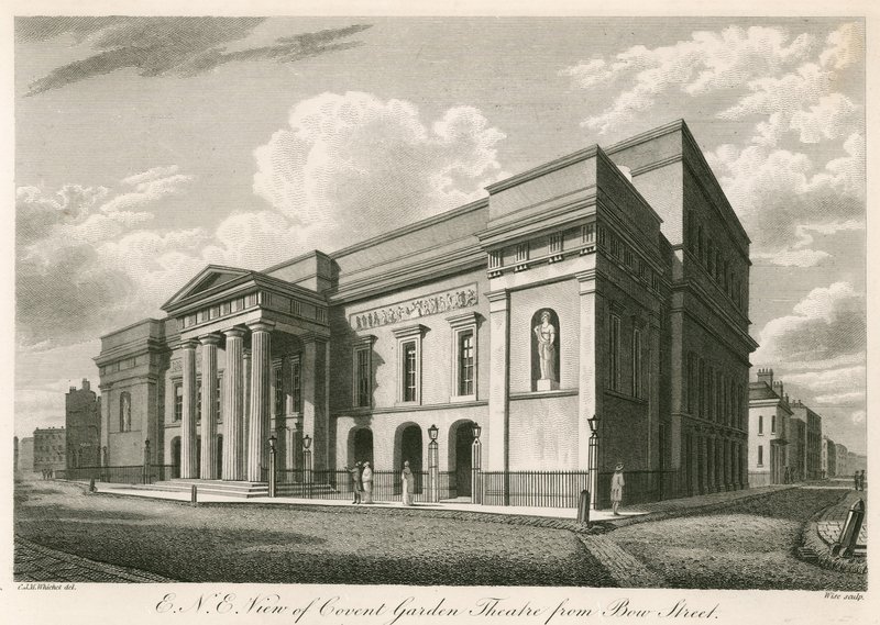 Utvändig nordostlig vy av Covent Garden Theatre, London, från Bow Street av C. John Mayle Whichelo