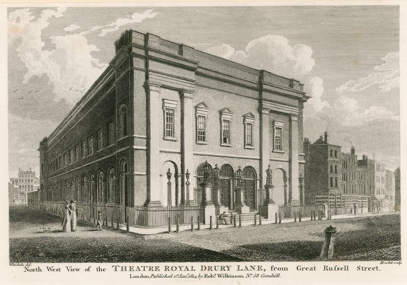 Västerläge av Theatre Royal, Drury Lane, London, från Great Russell Street av C. John Mayle Whichelo