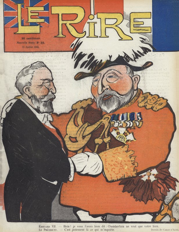 Frankrikes president Loubet och kung Edward VII. Illustration för Le Rire av Caran d Ache