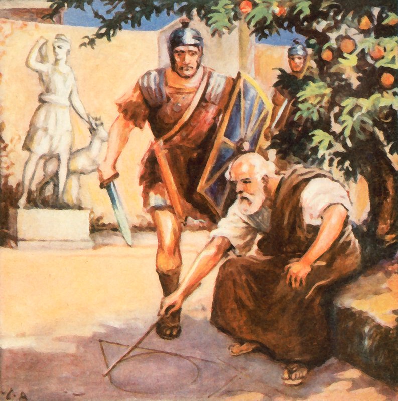 Arkimedes död (förstärkt färglitografi) av Carl Arriens