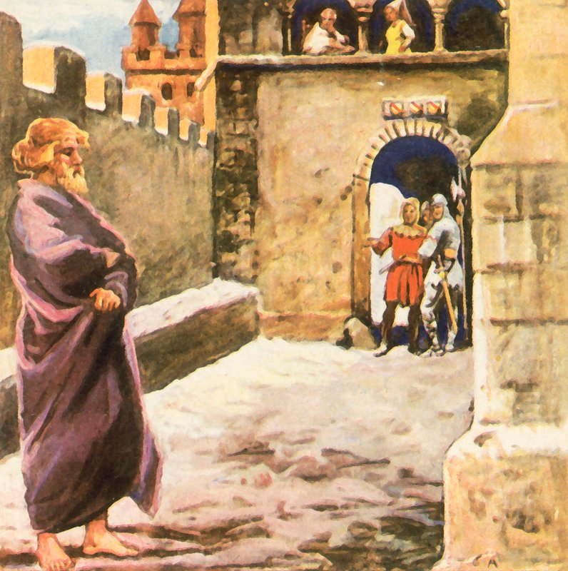 Kejsar Henrik IV:s botgöringsprocession i Canossa (förstärkt färglitografi) av Carl Arriens