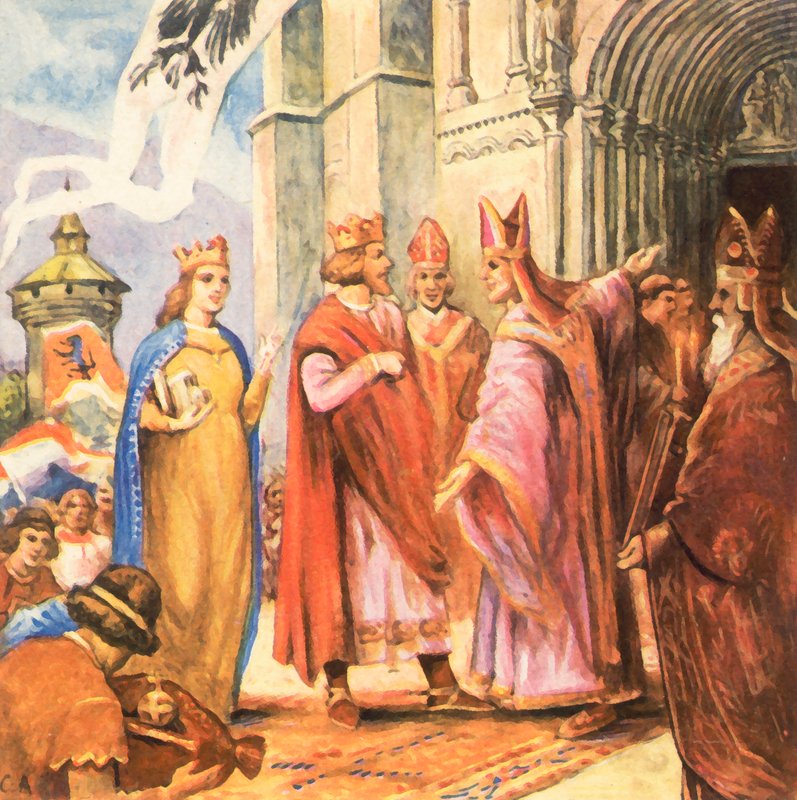 Kung Henrik II inviger Bambergs domkyrka (förstärkt färglitografi) av Carl Arriens