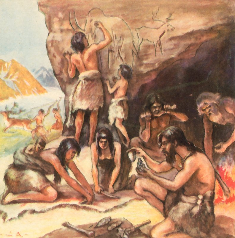 Familjegrotta från stenåldern (förstärkt färglitografi) av Carl Arriens