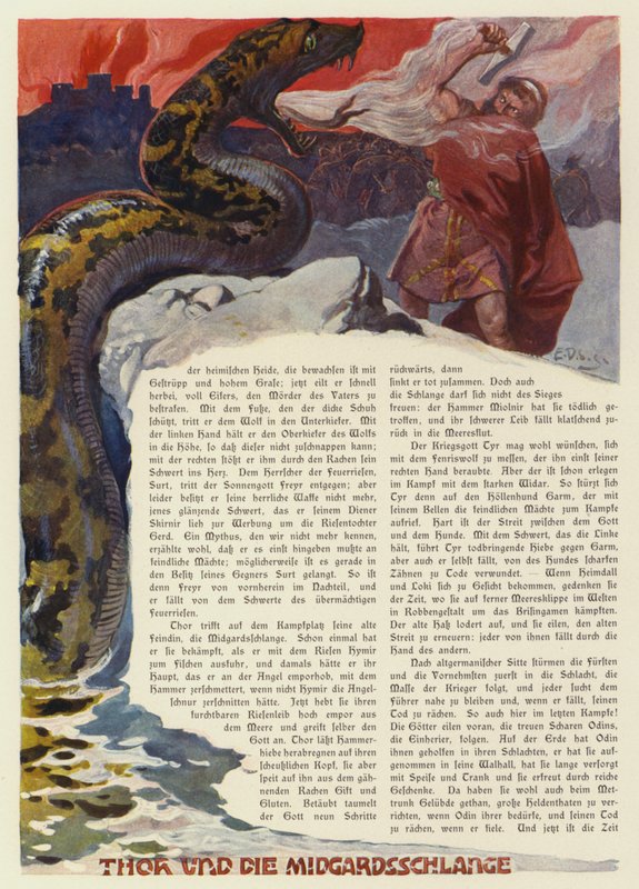 Tor kämpar mot Midgårdsormen i slaget vid Ragnarök (färg litho) av Carl Emil Doepler