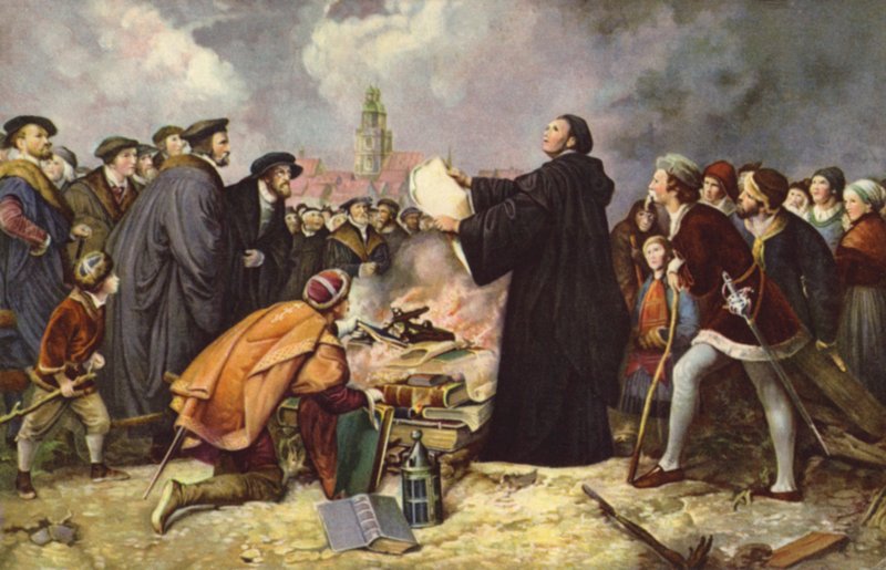Martin Luther bränner den påvliga tjuren 1520 (färg litho) av Carl Friedrich (after) Lessing