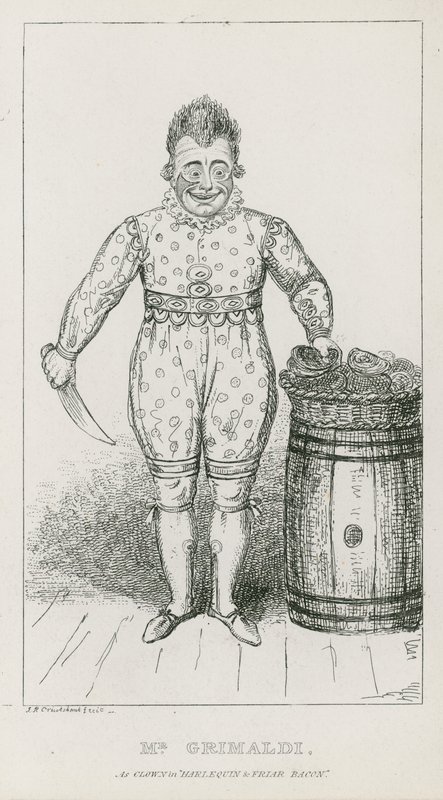 Mr Joseph Grimaldi som clown i Harlequin and Friar Bacon av Carl Georg Adolph Hasenpflug
