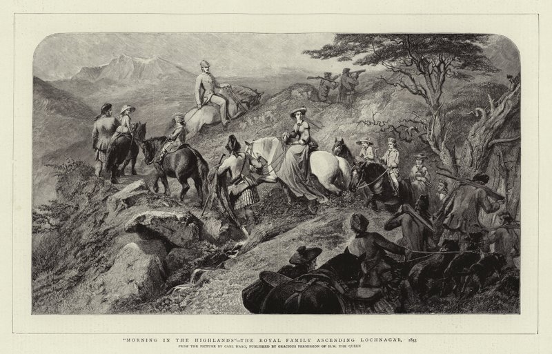 Morgon i höglandet, kungafamiljen stiger upp till Lochnagar, 1853 av Carl Haag