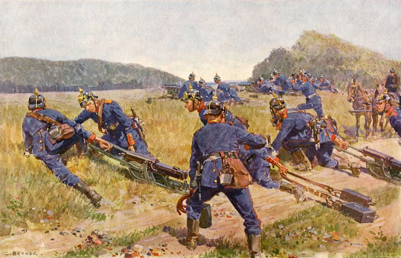 Bayersk maskingeværfirma, der opretter en stilling (farve litho) swed av Carl Ludwig Friedrich (after) Becker