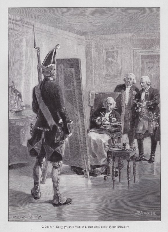 Kung Fredrik Vilhelm I av Preussen målar en grenadjär av hans Potsdamer Riesengarde (Giant Guard of Potsdam) (gravyr) av Carl Ludwig Friedrich (after) Becker