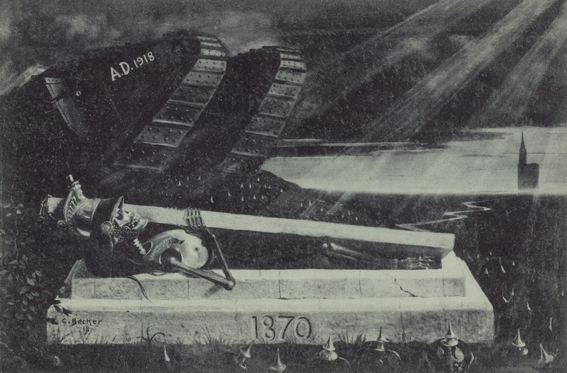 En segerrik allierad stridsvagn från första världskriget passerar en fransk kavallerisoldats grav från det fransk-preussiska kriget. (litho) av Carl Ludwig Friedrich Becker