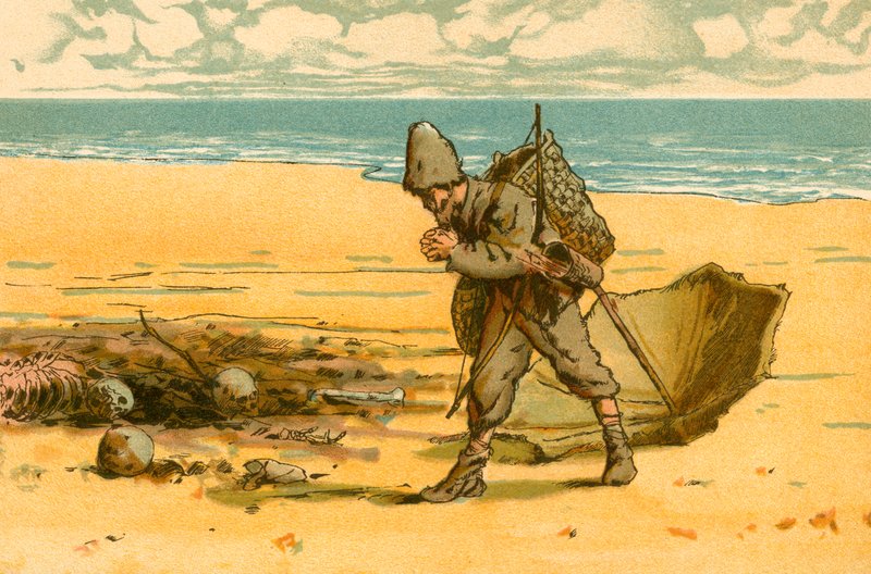 Robinson Crusoe ser stranden overstrøet med menneskekranier og menneskelige knogler av Carl Marr