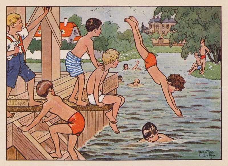 Simning och dykning för pojkar (färglitografi) av Carl Robert Arthur Thiele