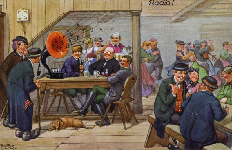 Komiska skildringar av tidig radio (färg litho) av Carl Robert Arthur Thiele