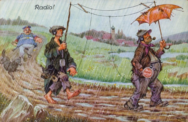 Komiska skildringar av tidig radio (färg litho) av Carl Robert Arthur Thiele