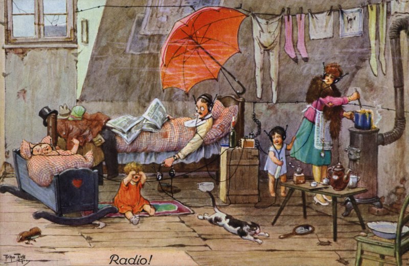 Komiska skildringar av tidig radio (färg litho) av Carl Robert Arthur Thiele