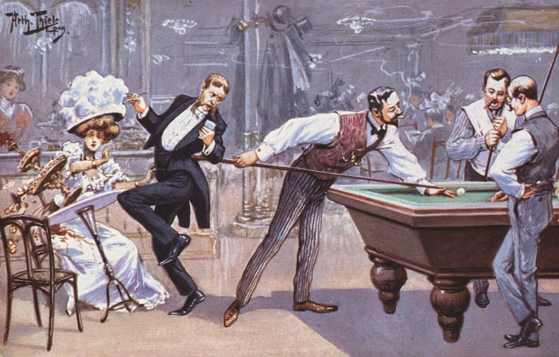 Komisk scen i en biljardhall (färg litho) av Carl Robert Arthur Thiele