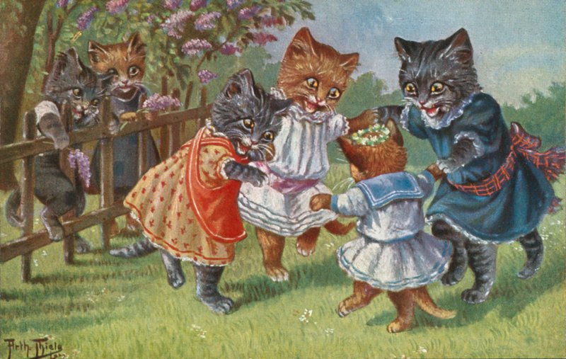 Vykort med humoristisk katt (färglitografi) av Carl Robert Arthur Thiele