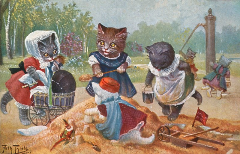 Vykort med humoristisk katt (färglitografi) av Carl Robert Arthur Thiele
