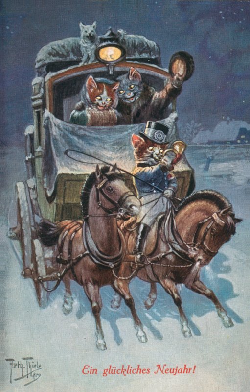 Humoristiskt kattvykort (färglitografi) av Carl Robert Arthur Thiele