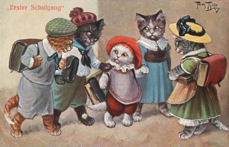 Humoristiskt kattvykort (färglitografi) av Carl Robert Arthur Thiele