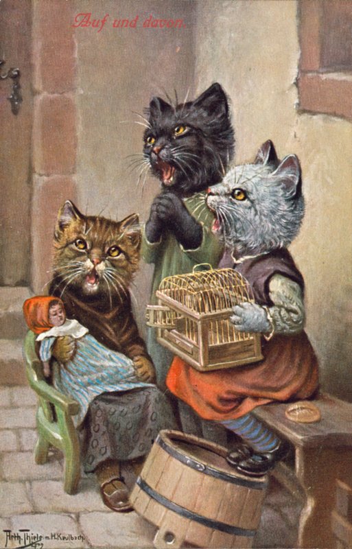 Humoristiskt kattvykort (färglitografi) av Carl Robert Arthur Thiele