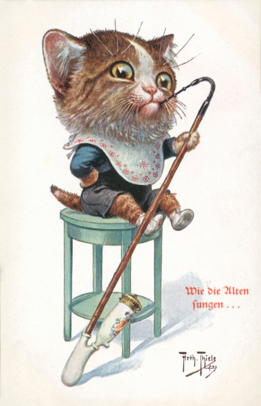 Humoristiskt kattvykort (färglitografi) av Carl Robert Arthur Thiele