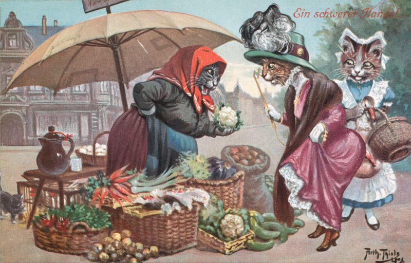 Humoristiskt kattvykort (färglitografi) av Carl Robert Arthur Thiele