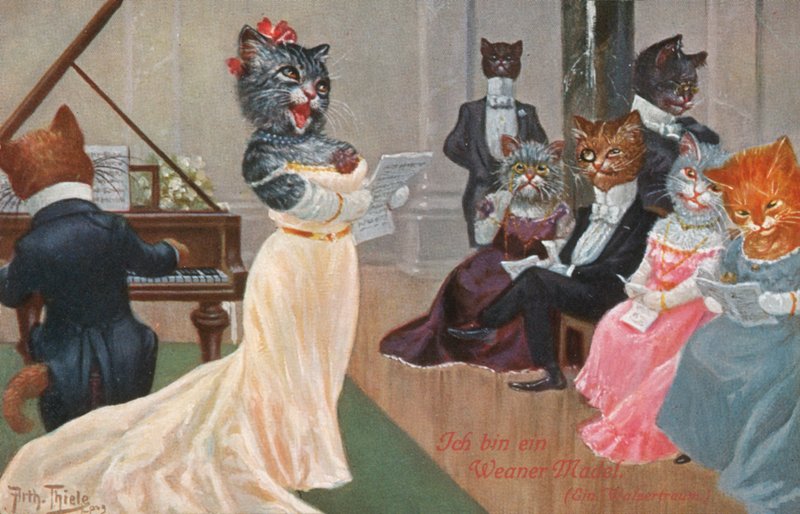 Humoristiskt kattvykort (färglitografi) av Carl Robert Arthur Thiele