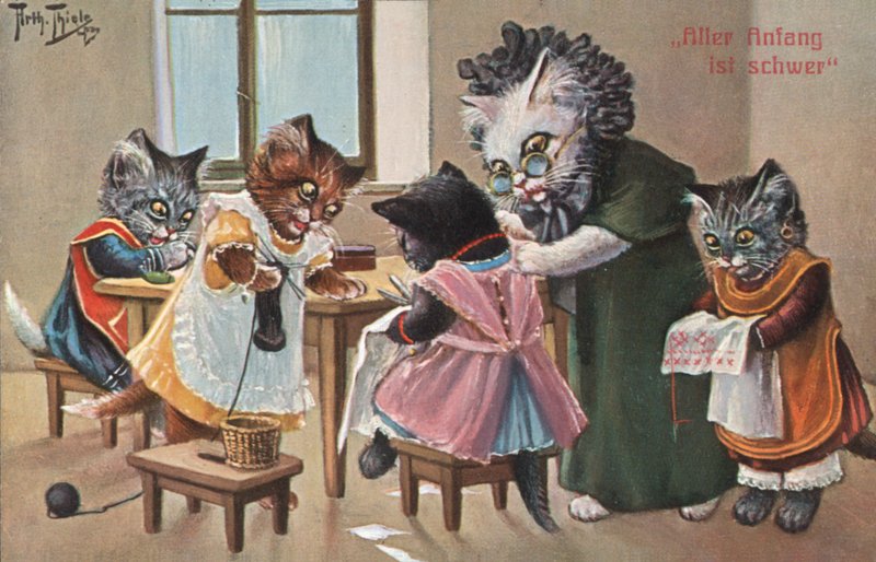 Humoristiskt kattvykort (färglitografi) av Carl Robert Arthur Thiele