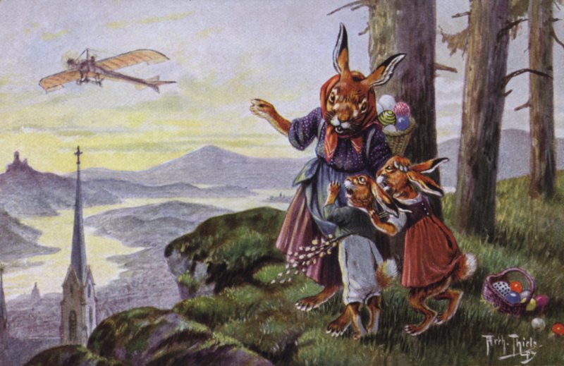 Kaniner som diskuterar ett flygplan (färg litho) av Carl Robert Arthur Thiele